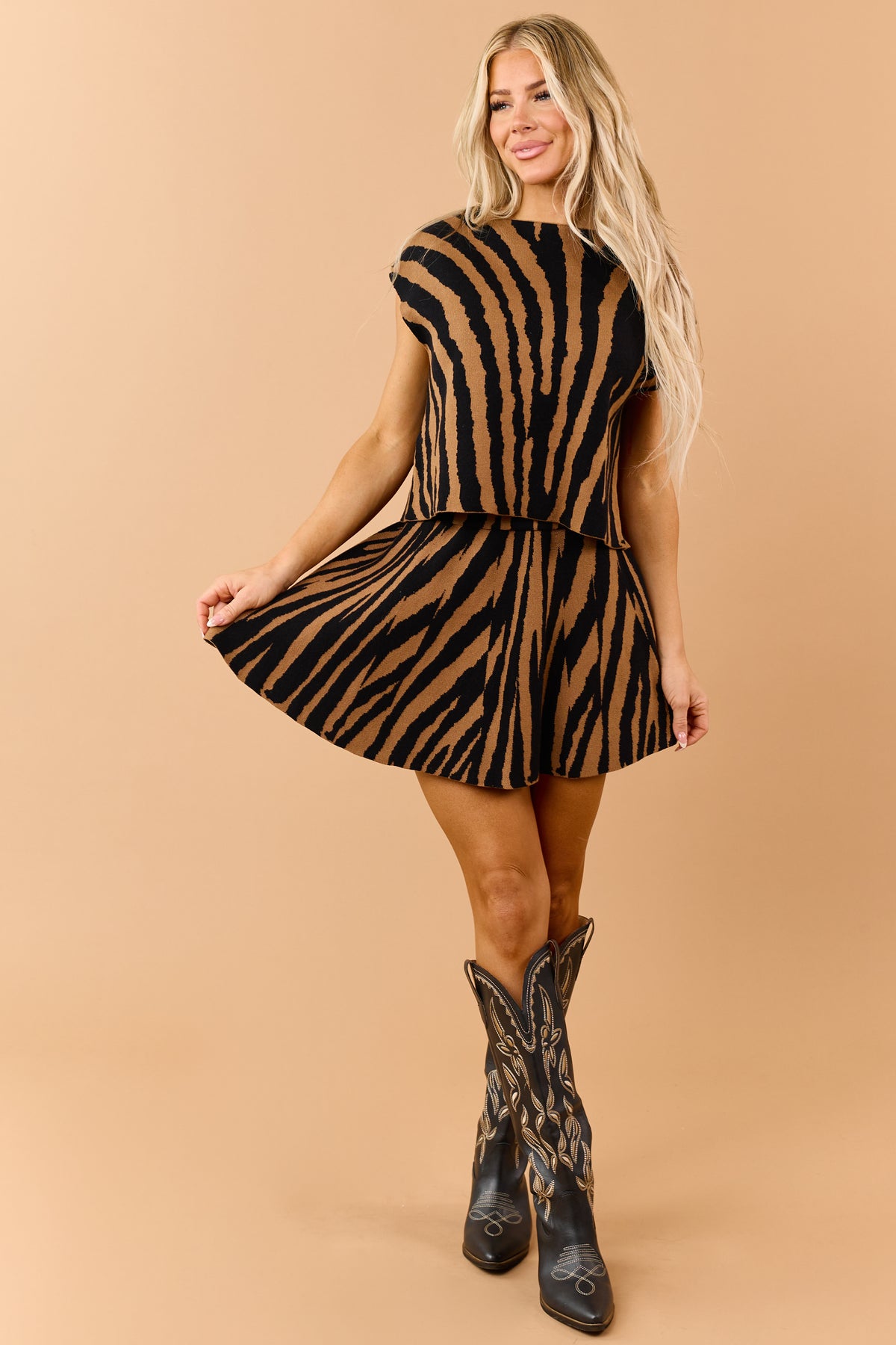 Black Tiger Print A-Line Soft Knit Mini Skirt