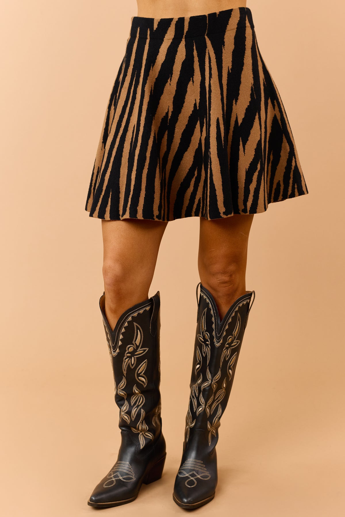Black Tiger Print A-Line Soft Knit Mini Skirt