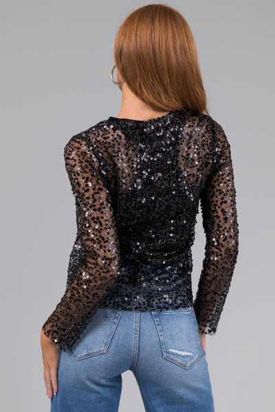 Black Tinsel and Sequin Long Sleeve Mesh Top