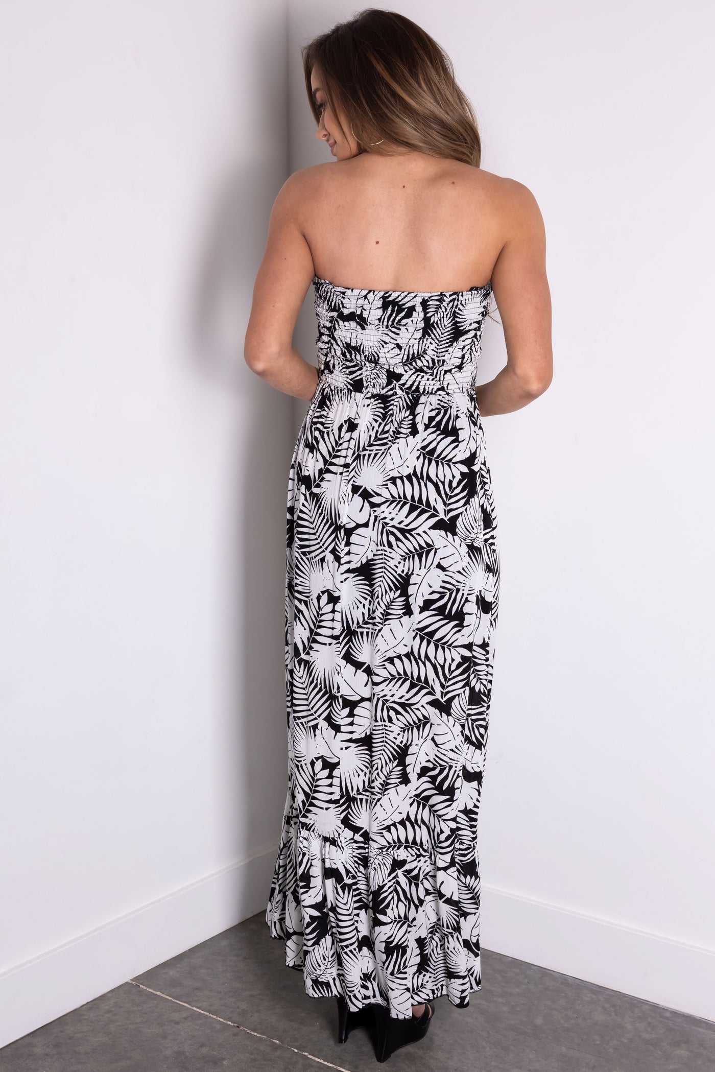 Black Tropical Print Strapless Smocked Maxi Dress