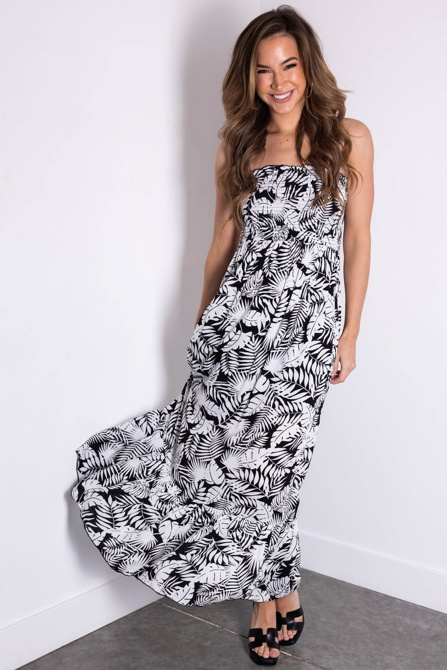 Black Tropical Print Strapless Smocked Maxi Dress