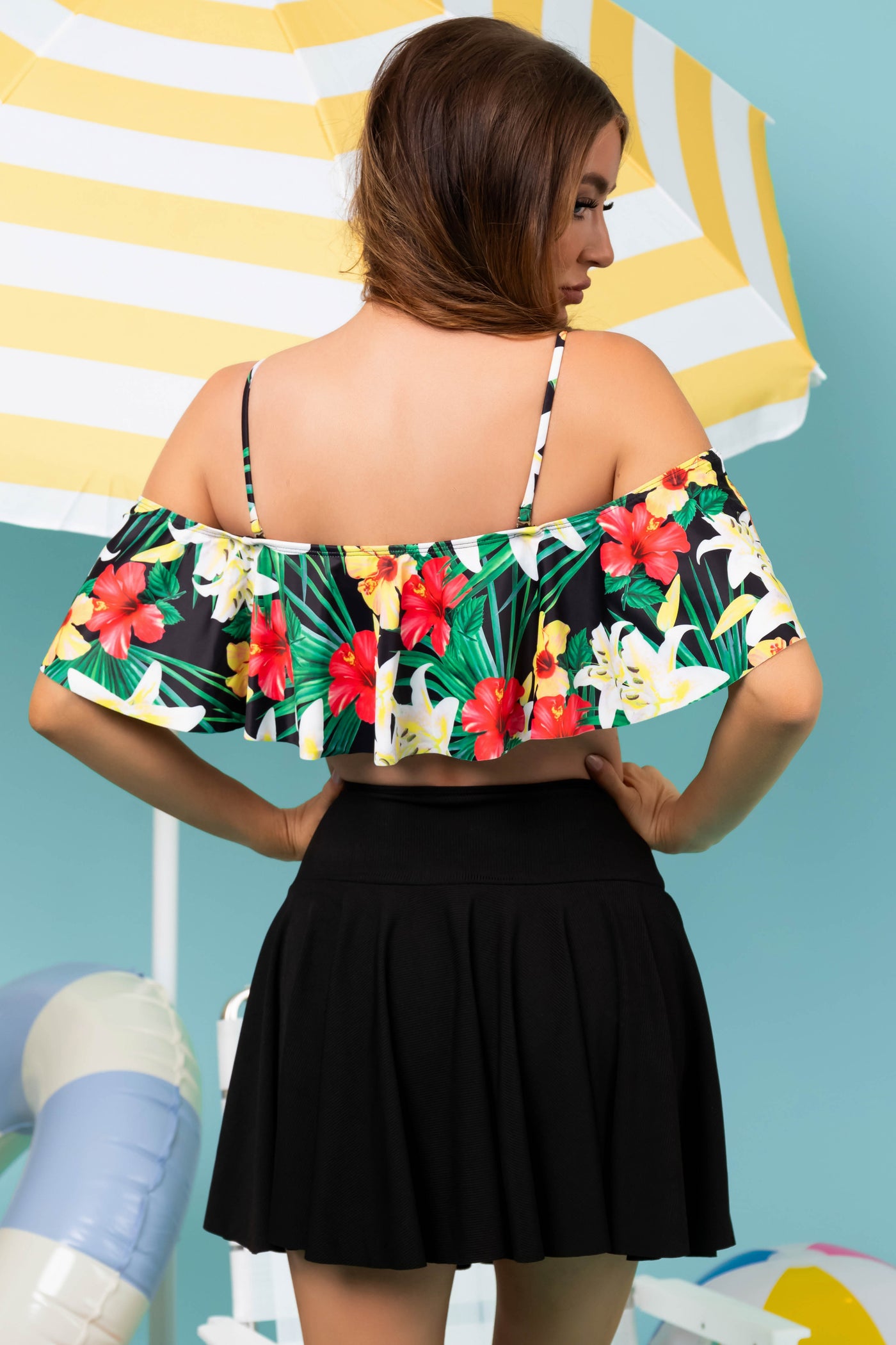Black Tropical Print Top and Skirt Swimsuit