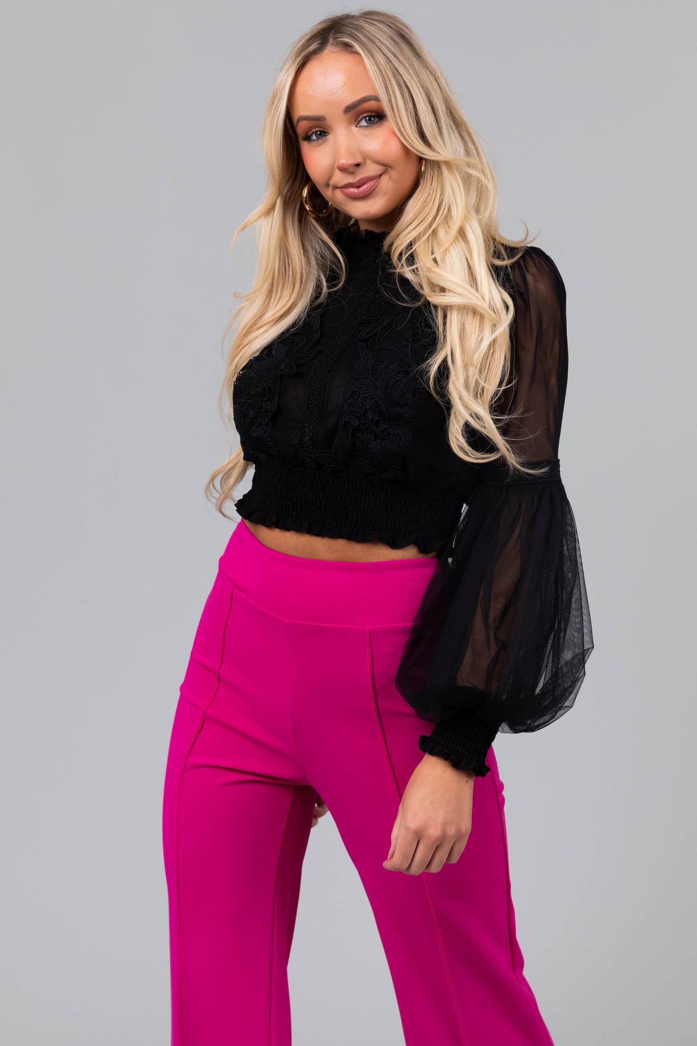 Black Tulle Puff Sleeve Crochet Lace Crop Top