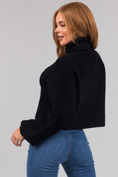 Black Turtleneck Cropped Bubble Sleeve Sweater