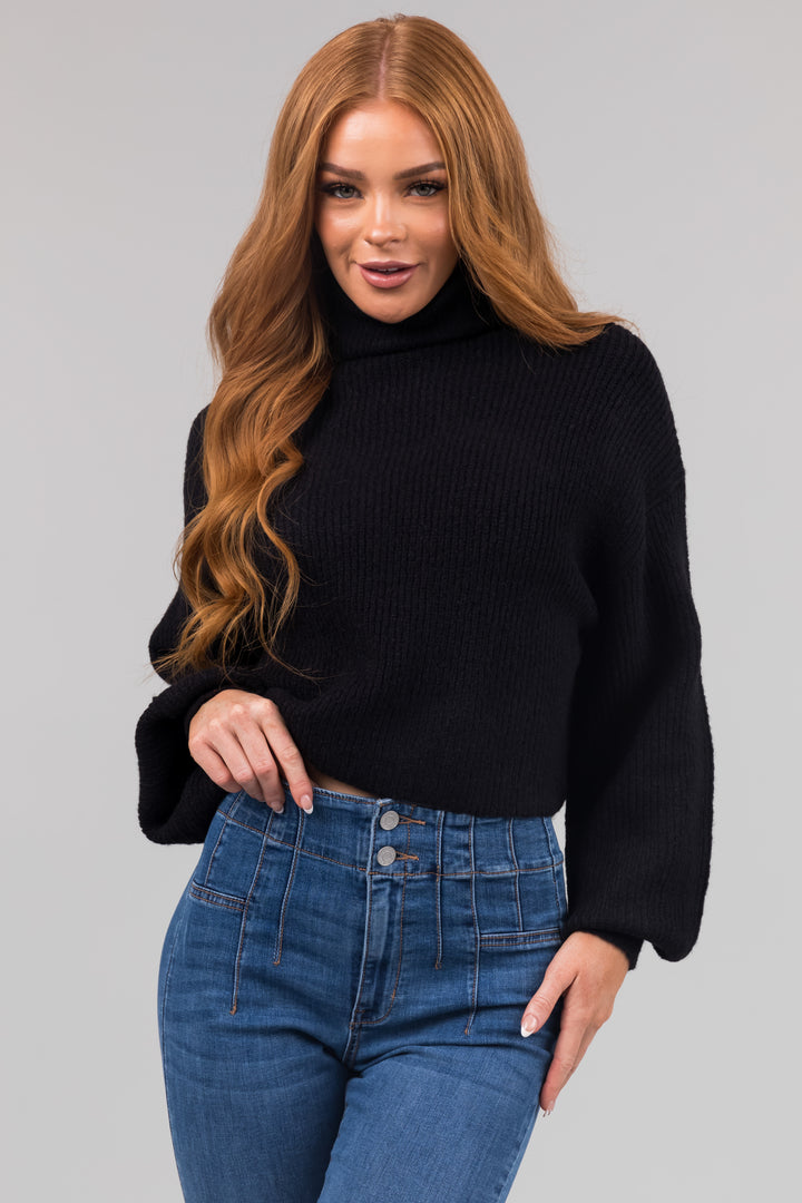 Black Turtleneck Cropped Bubble Sleeve Sweater