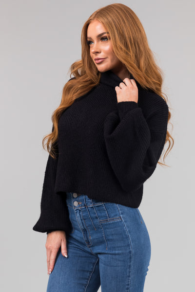 Black Turtleneck Cropped Bubble Sleeve Sweater