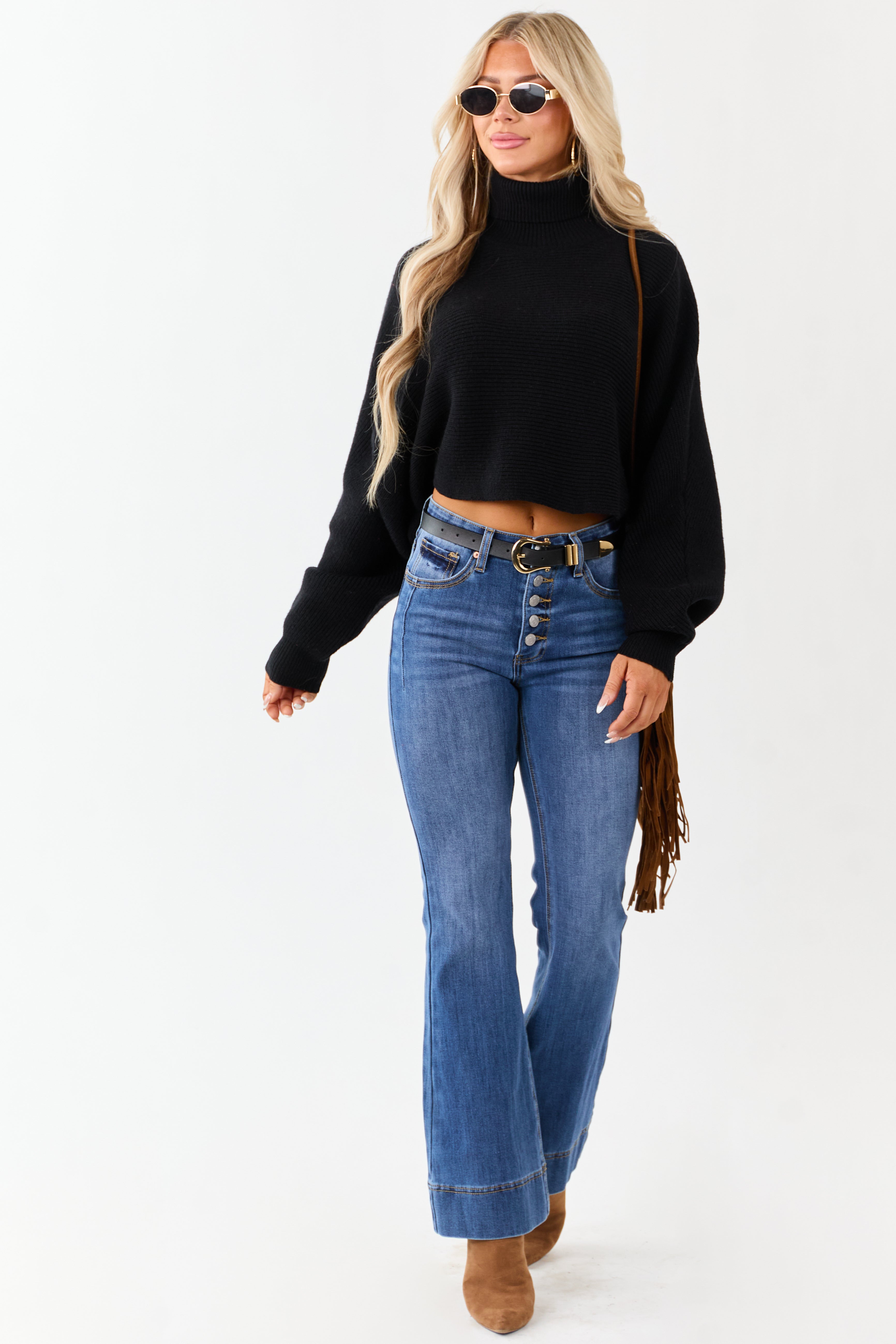 Black Turtleneck Cropped Thick Sweater | Lime Lush Boutique