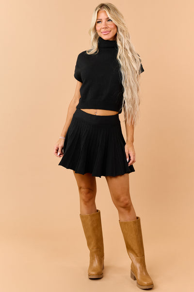 Black Turtleneck Knit Top and Pleated Skirt Set