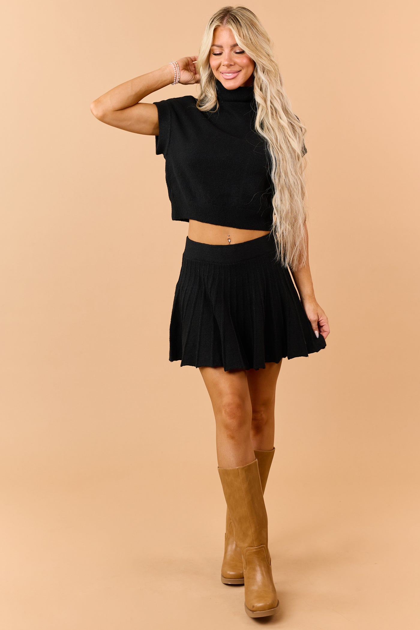 Black Turtleneck Knit Top and Pleated Skirt Set