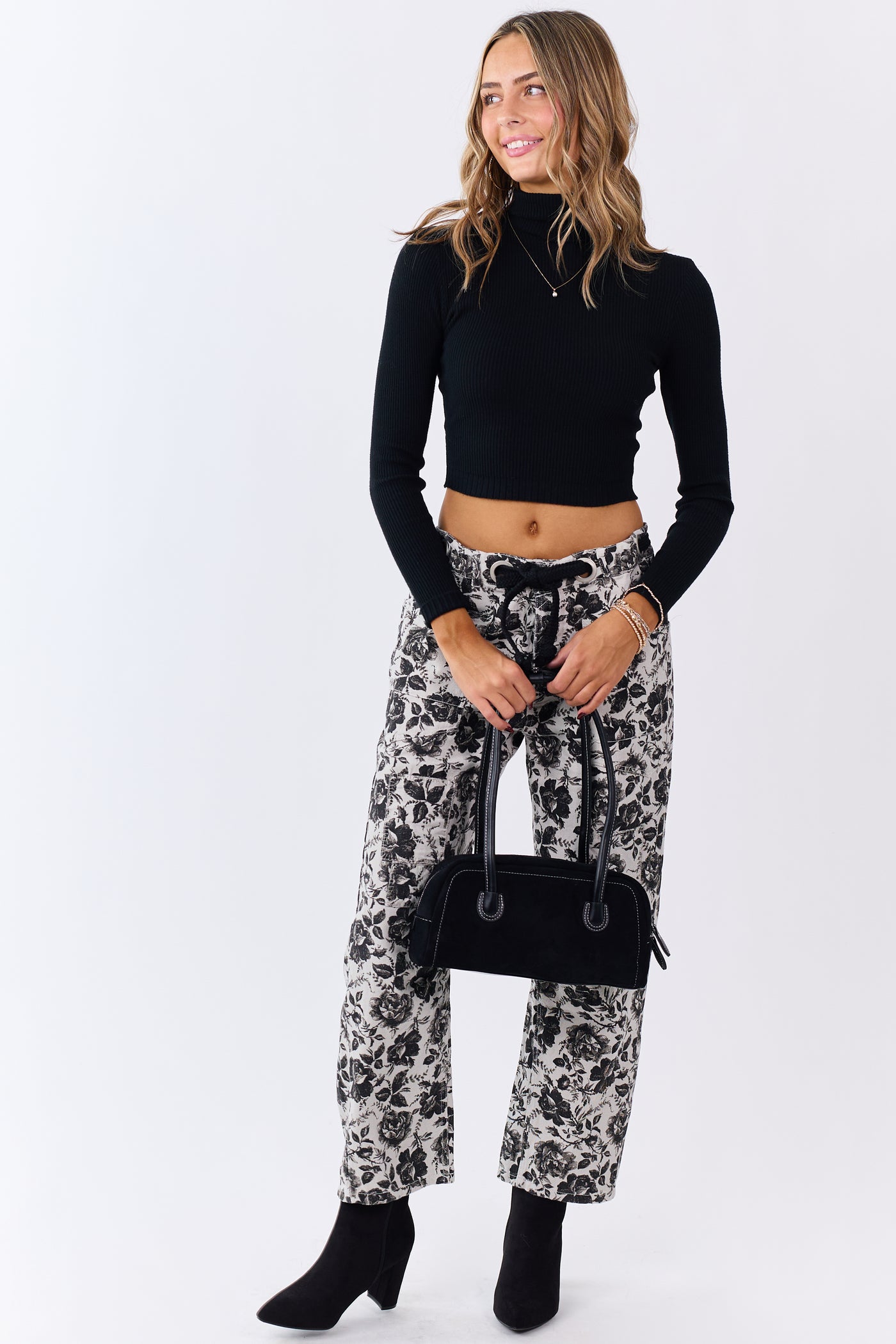 Black Turtleneck Long Sleeve Knit Crop Top