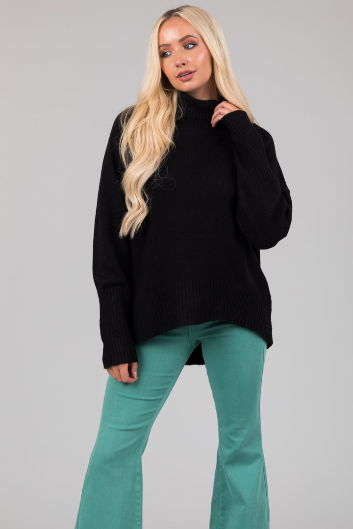 Black Turtleneck Raglan Sleeve Soft Sweater