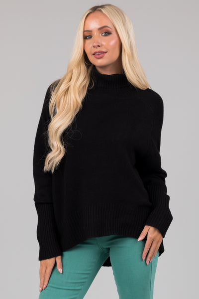 Black Turtleneck Raglan Sleeve Soft Sweater
