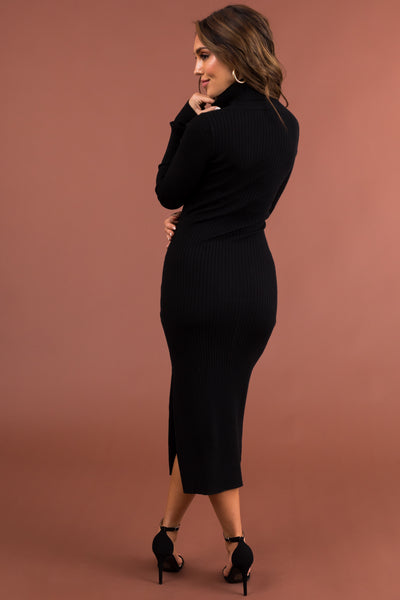 Black Turtleneck Side Slit Midi Sweater Dress