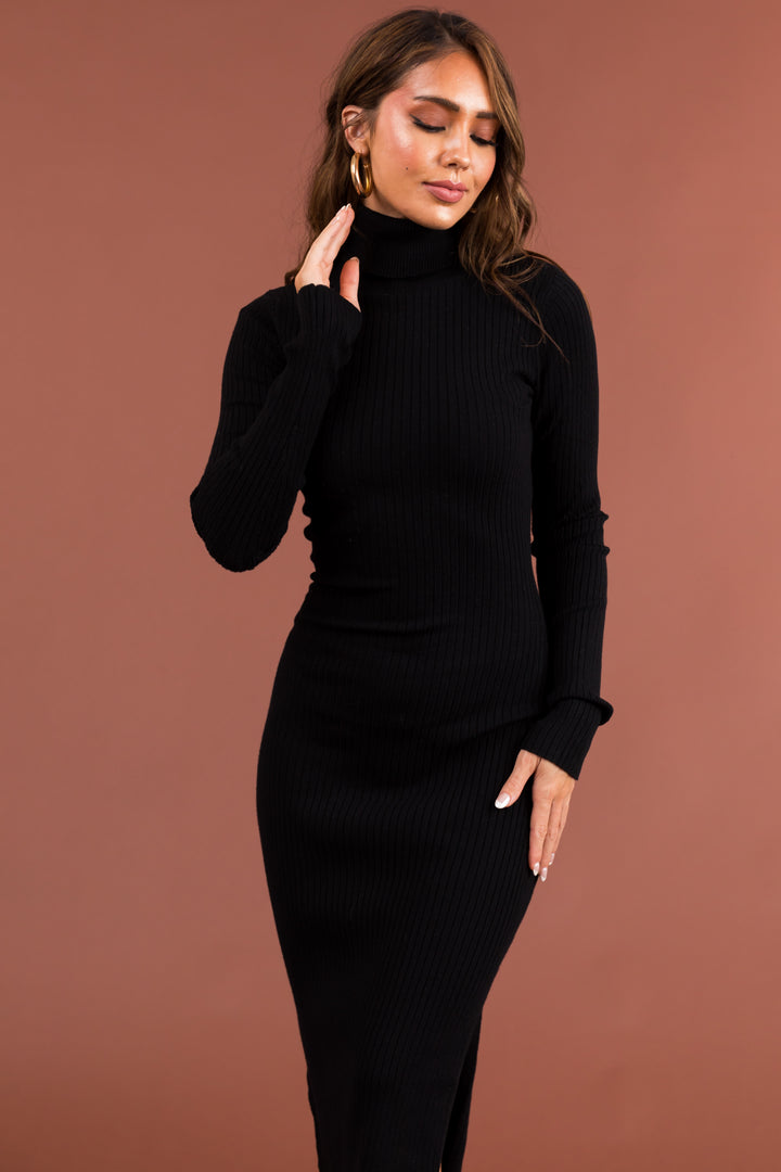 Black Turtleneck Side Slit Midi Sweater Dress