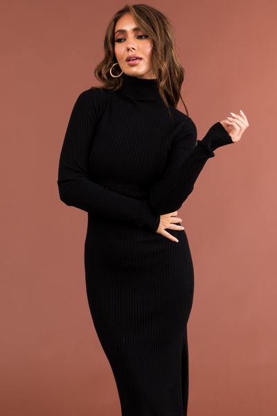 Black Turtleneck Side Slit Midi Sweater Dress