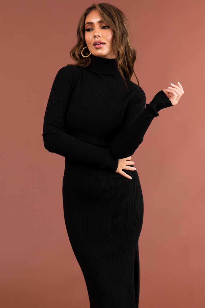 Black Turtleneck Side Slit Midi Sweater Dress