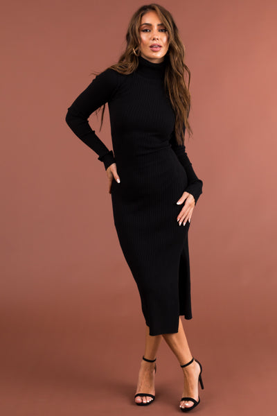 Black Turtleneck Side Slit Midi Sweater Dress