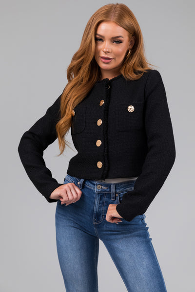 Black Tweed Cropped Button Long Sleeve Jacket