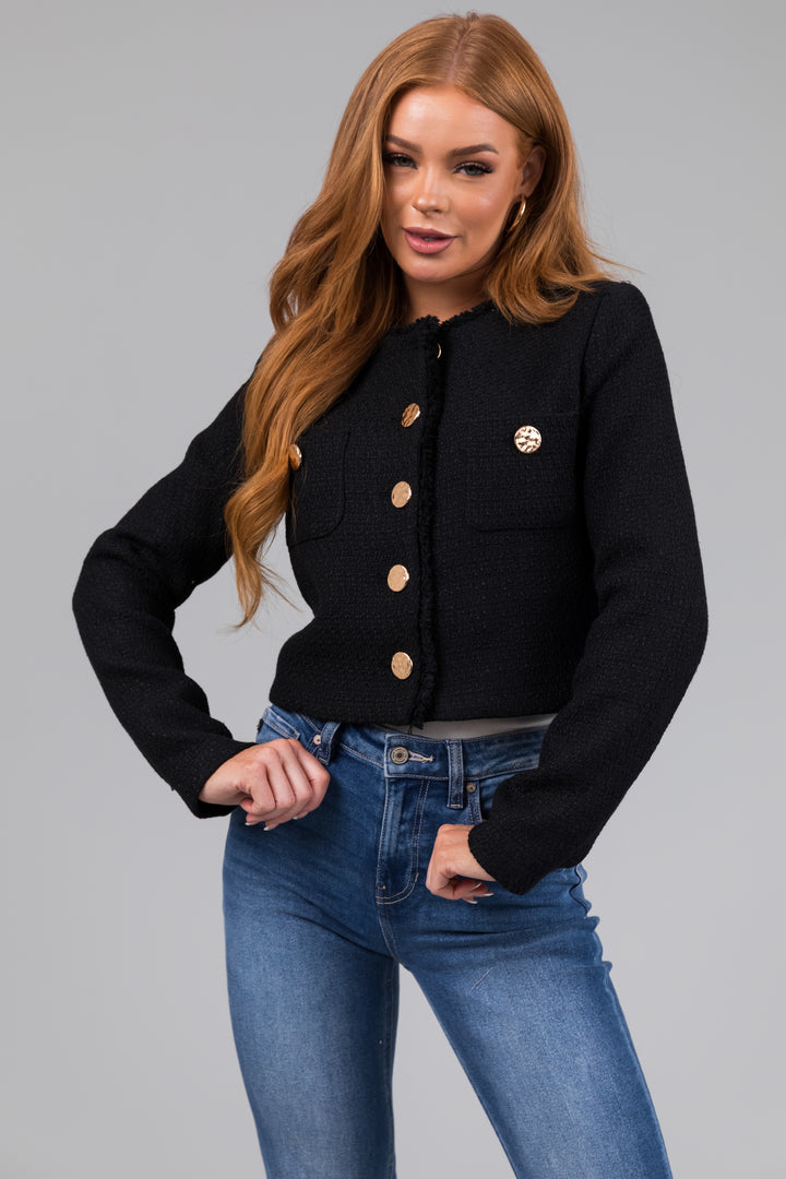 Black Tweed Cropped Button Long Sleeve Jacket