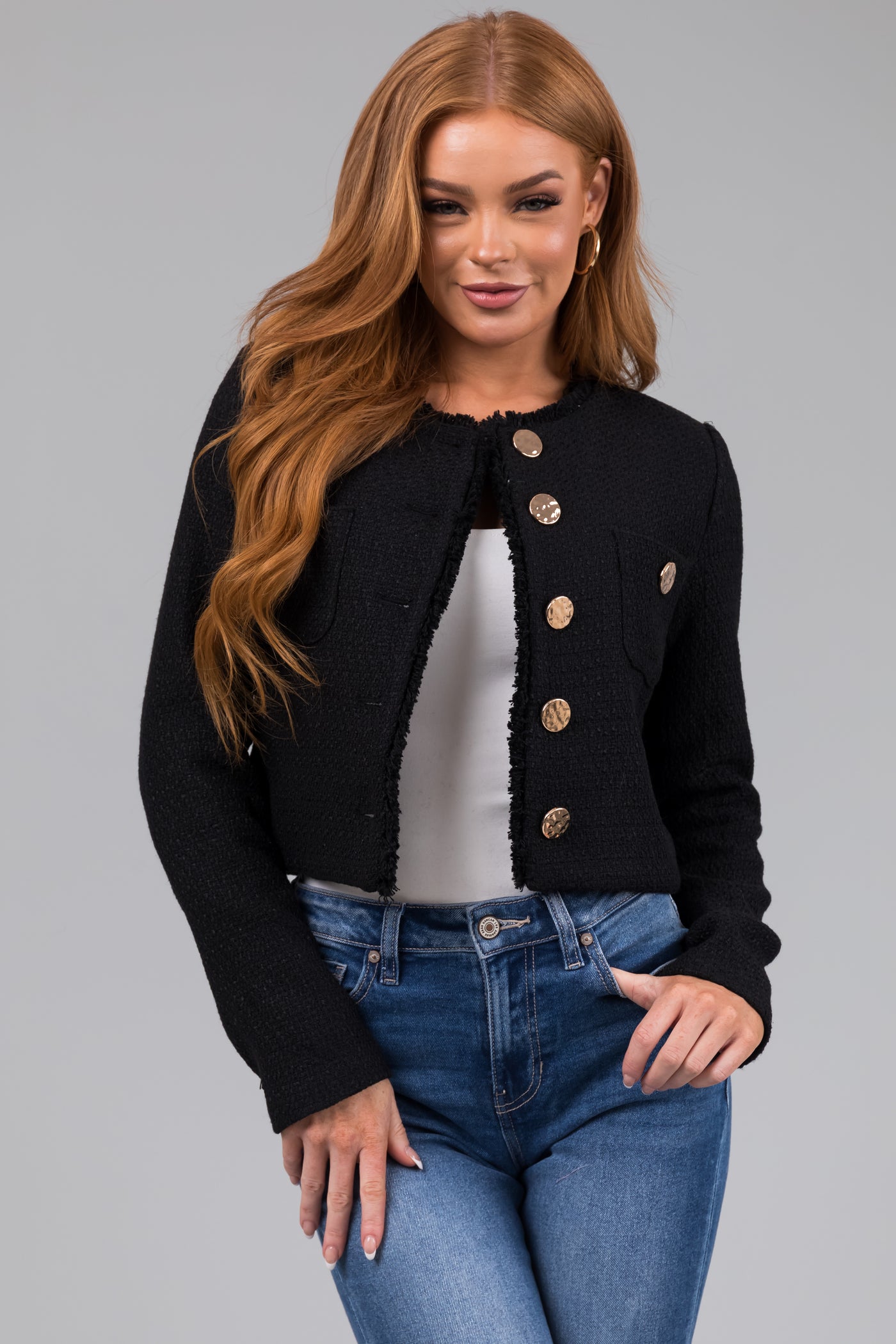 Black Tweed Cropped Button Long Sleeve Jacket