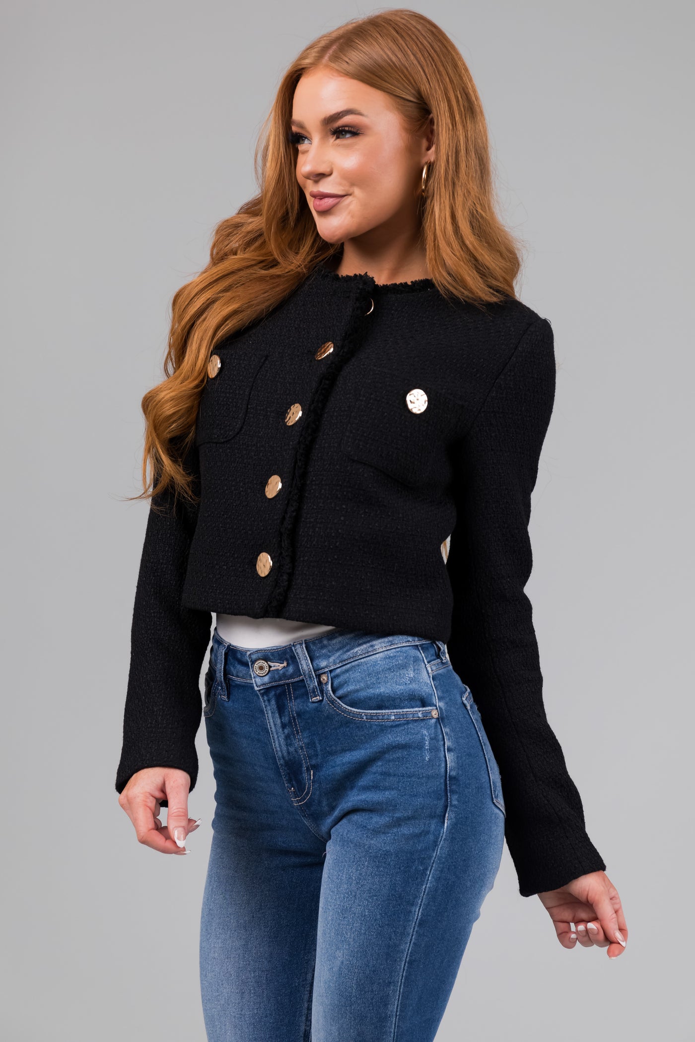 Black Tweed Cropped Button Long Sleeve Jacket
