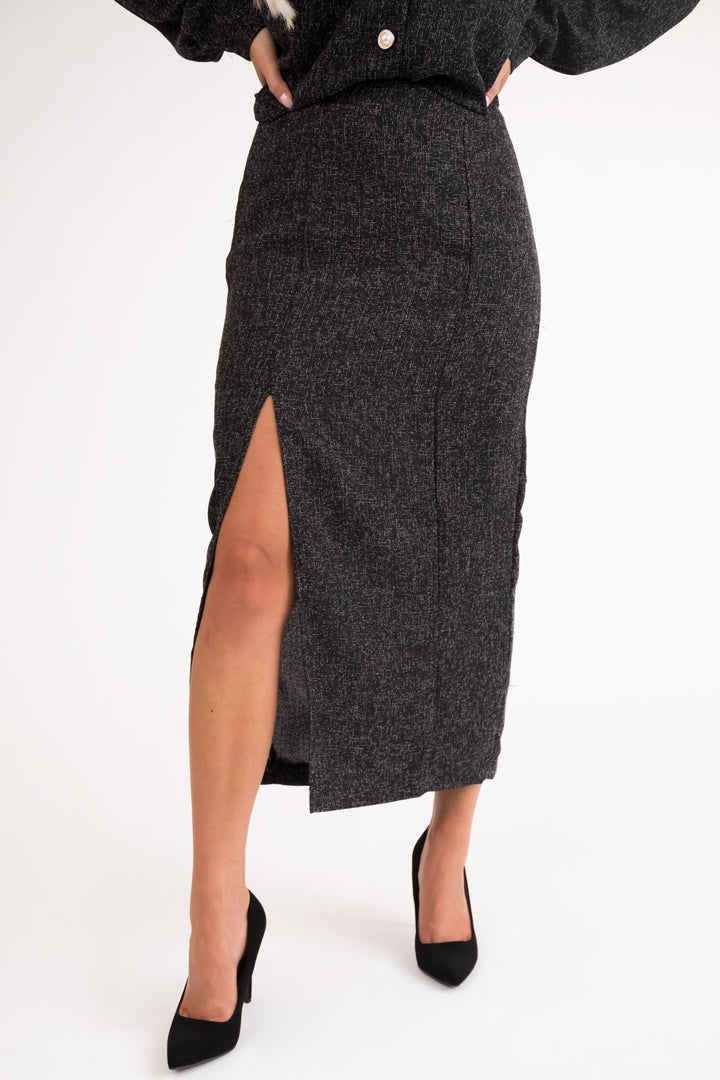 Black Tweed Knee Slit Midi Skirt