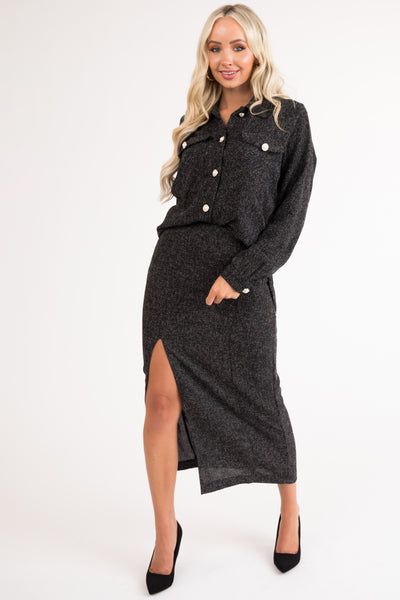 Black Tweed Knee Slit Midi Skirt