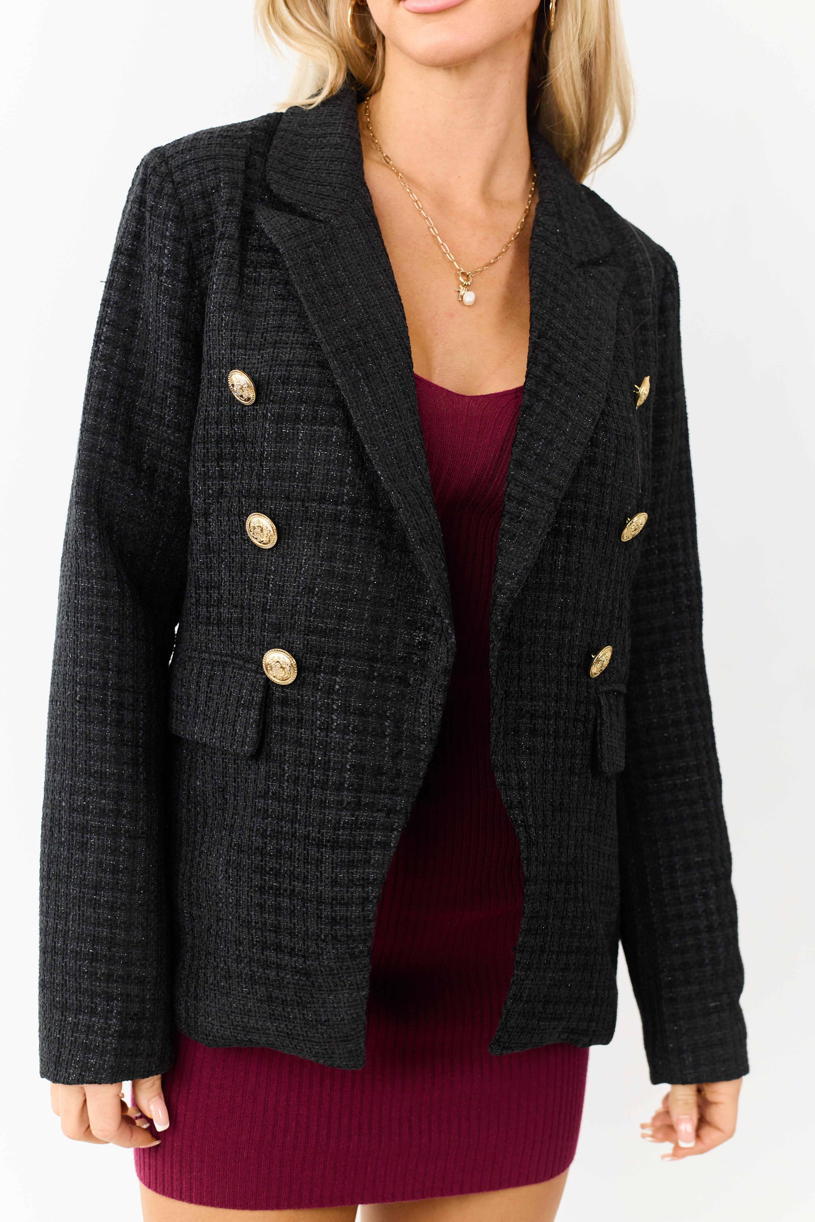 Black Tweed Metallic Threading Button Down Blazer