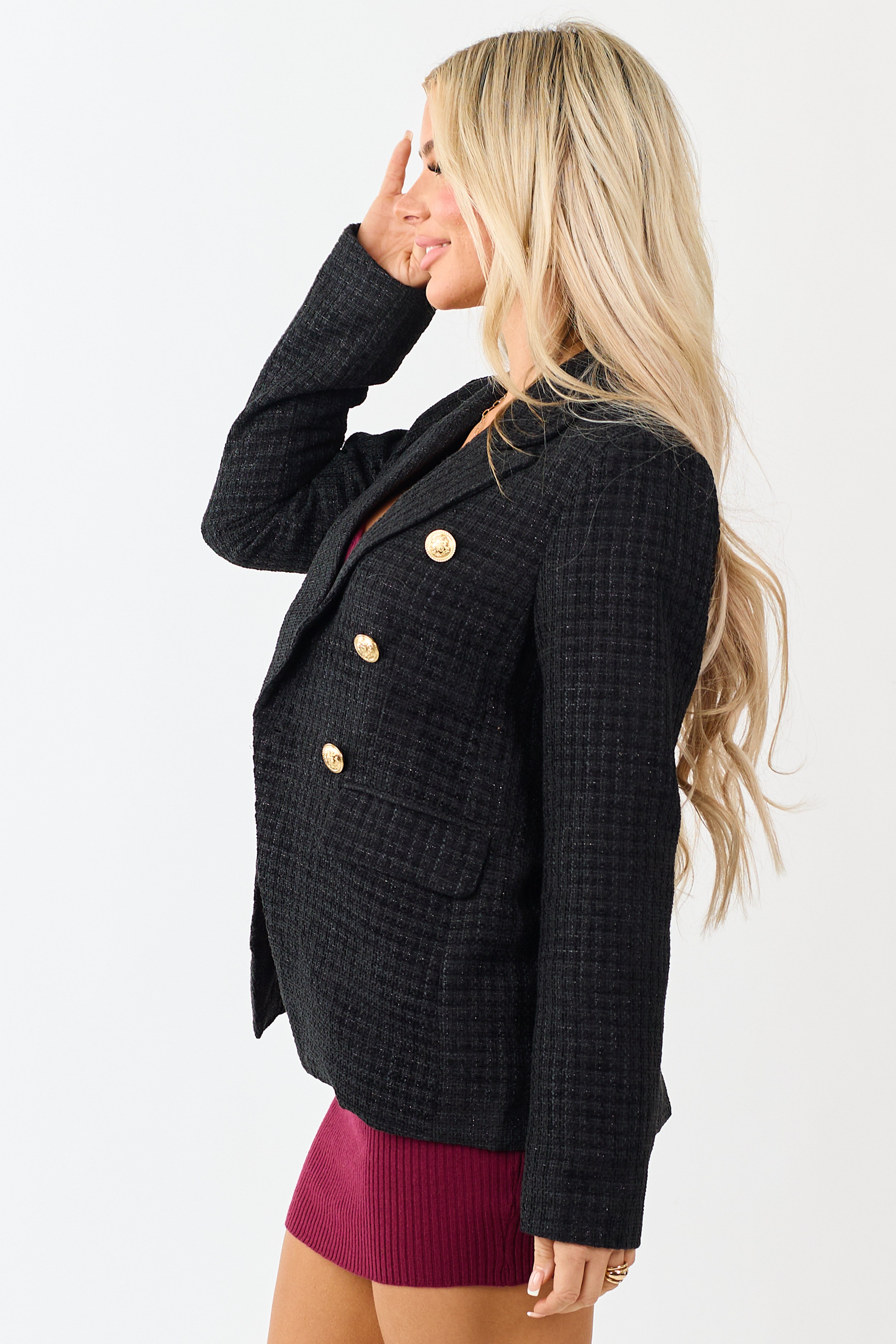 Black Tweed Metallic Threading Button Down Blazer