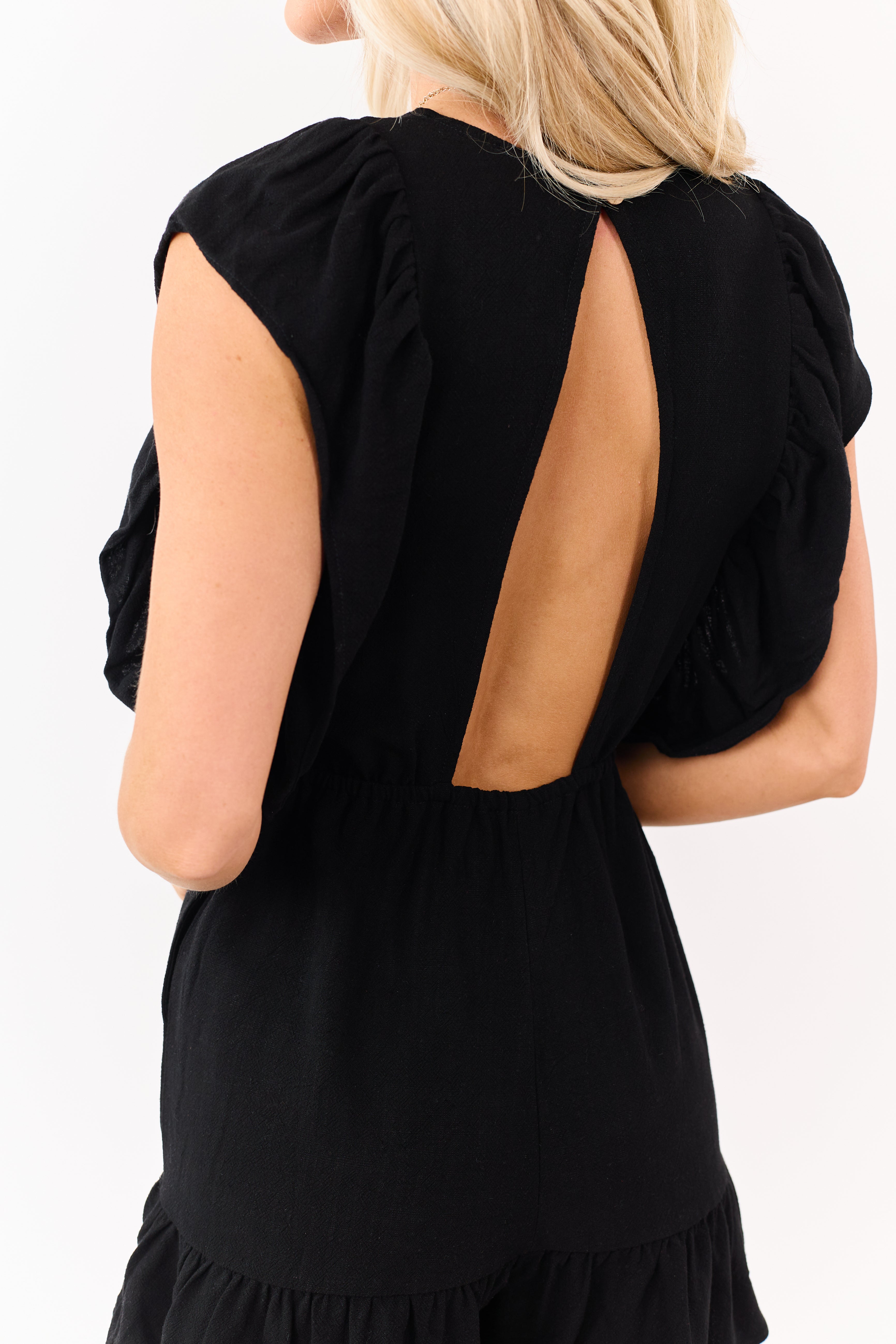 Black V-Neck Back Keyhole Linen Blend Romper