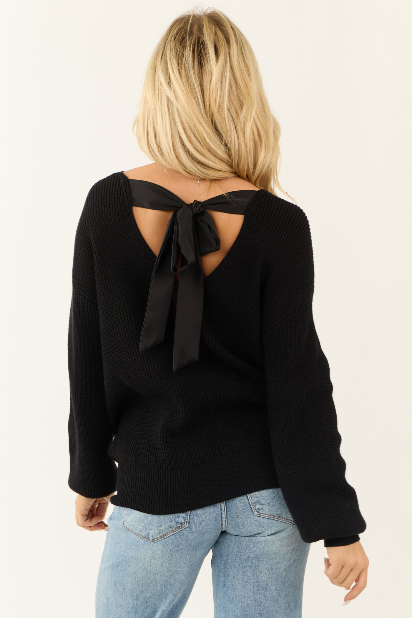 Black V Neck Back Tie Puff Long Sleeve Sweater