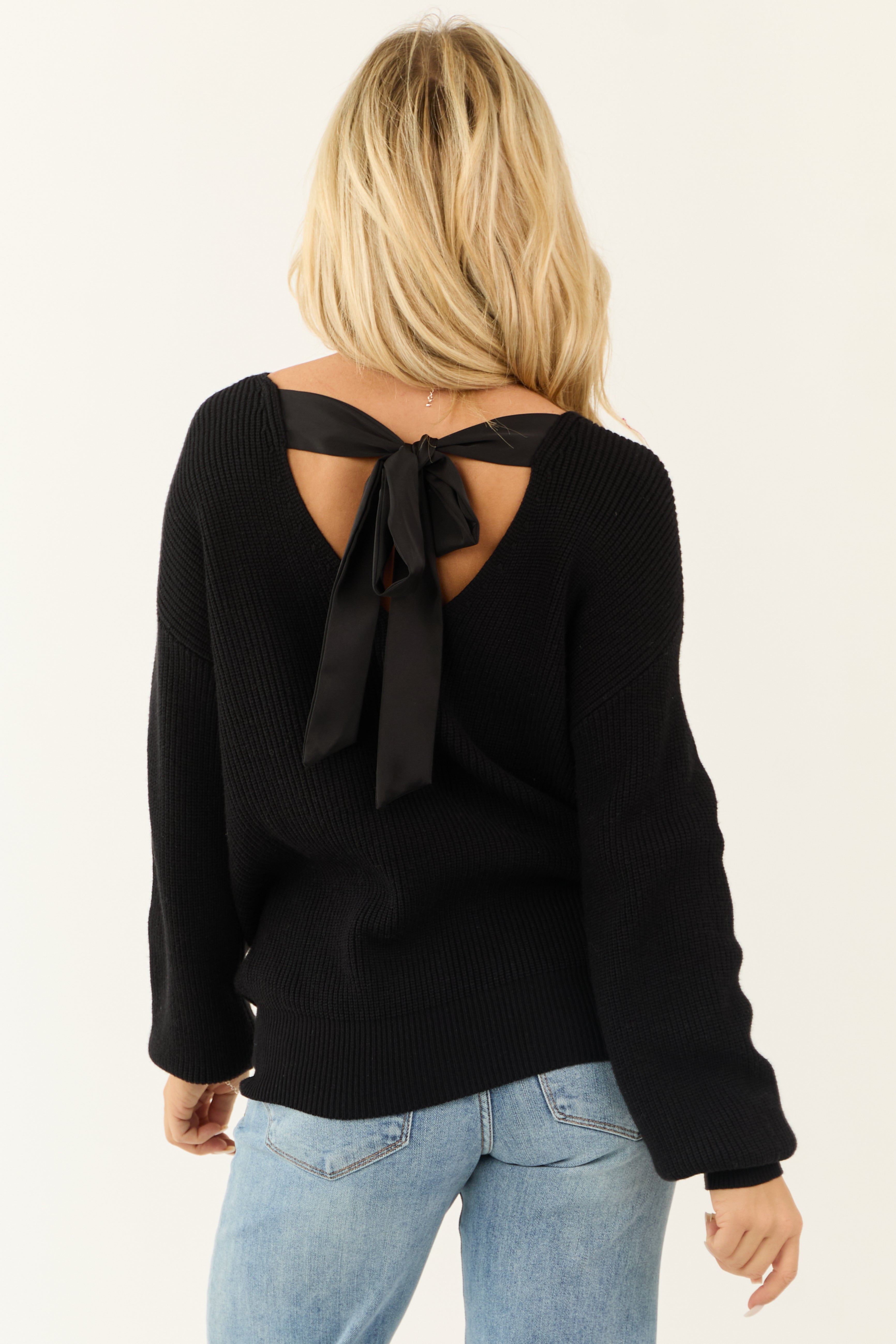Black V Neck Back Tie Puff Long Sleeve Sweater