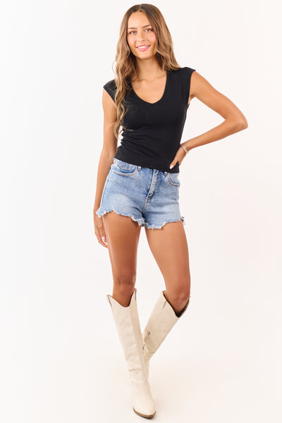 Black V Neck Cap Sleeve Knit Top