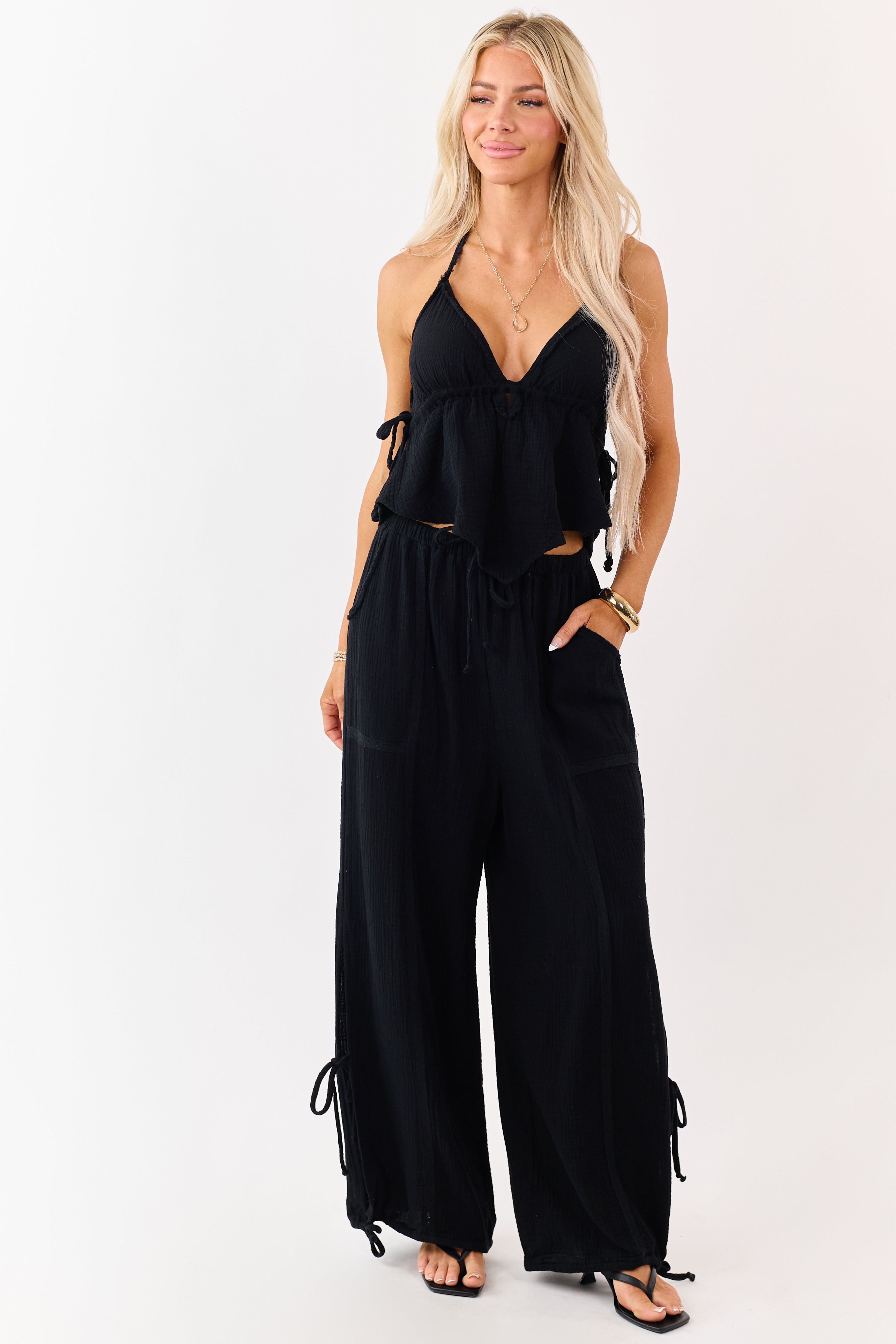 Black V Neck Cotton Gauze Halter Top | Lime Lush Boutique