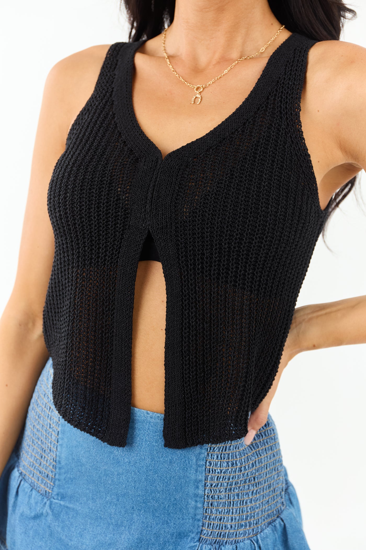 Black V Neck Cropped Rib Knit Vest