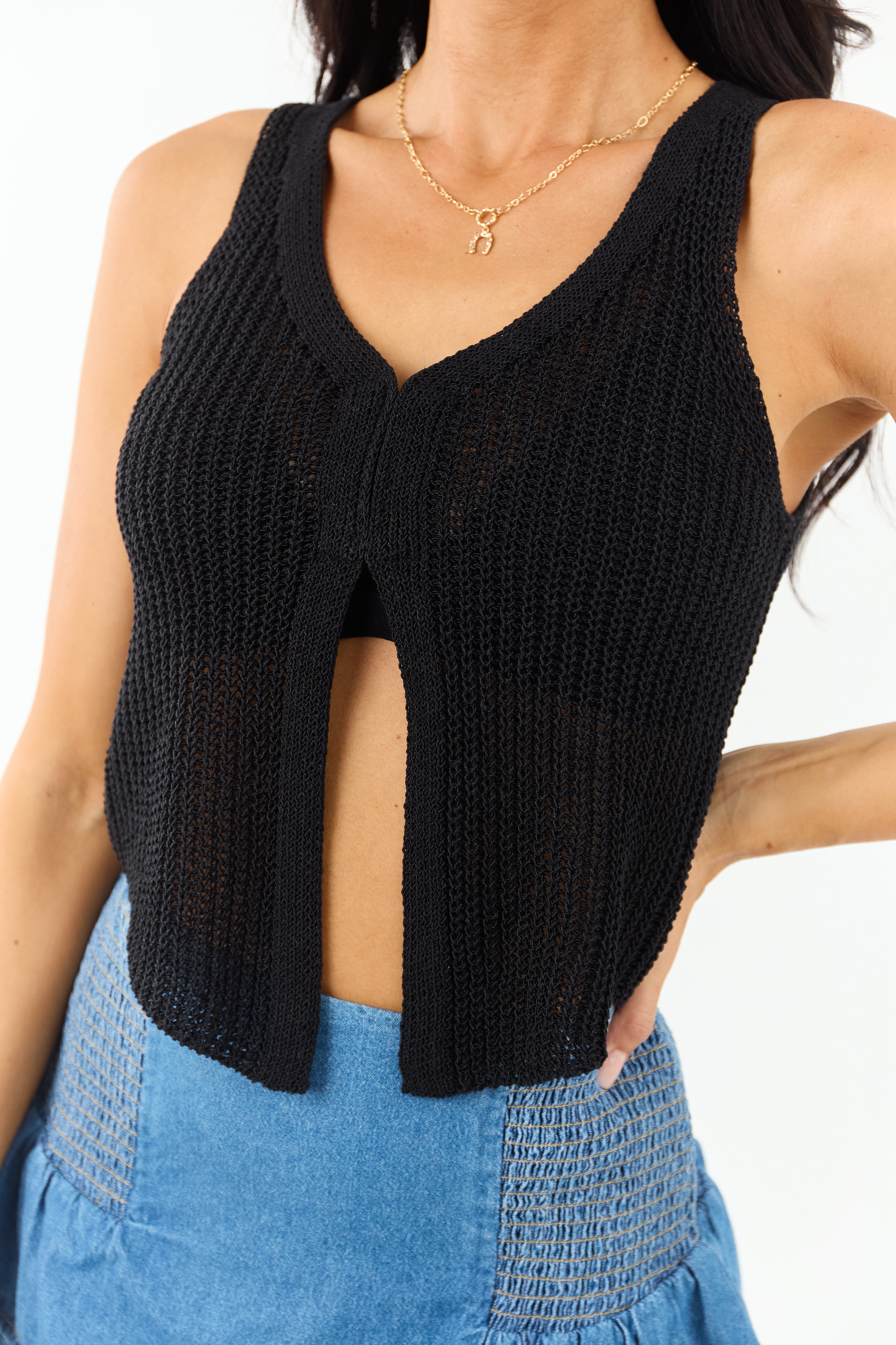 Black V Neck Cropped Rib Knit Vest