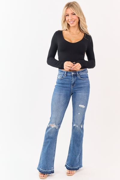 Black V-Neck Double Layer Rib Knit Crop Top