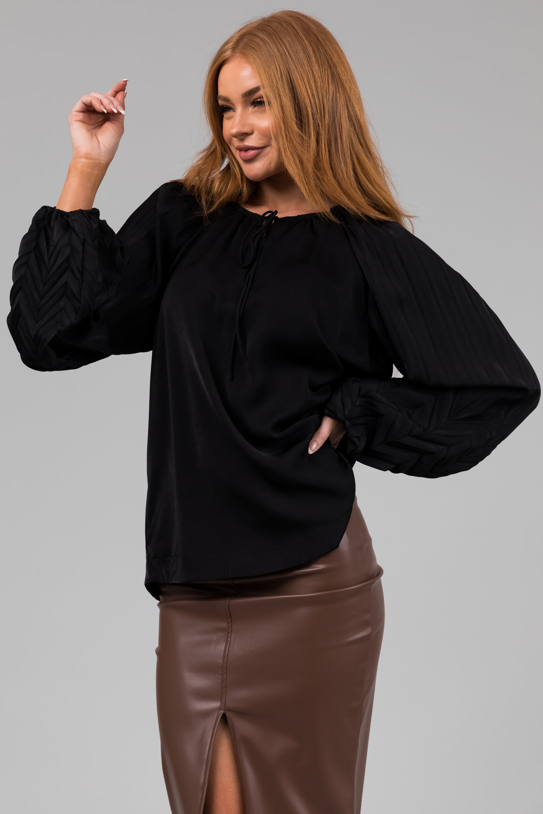 Black V Neck Pleated Detail Long Sleeve Top