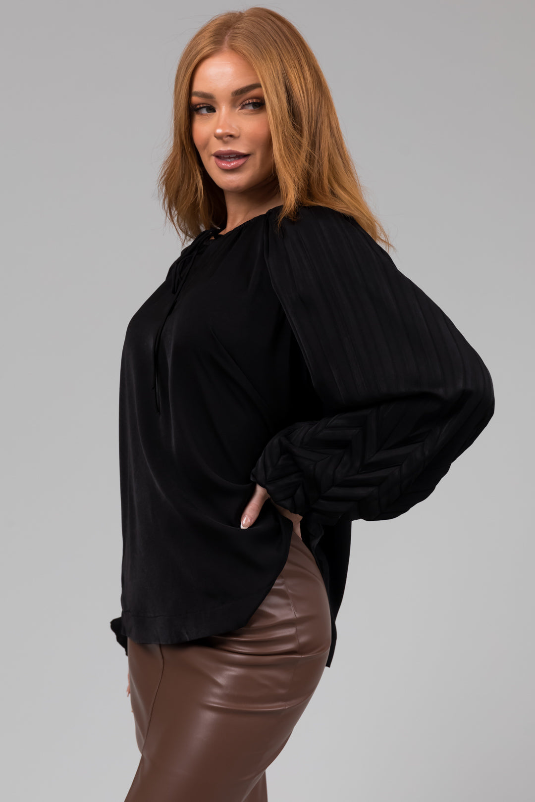 Black V Neck Pleated Detail Long Sleeve Top