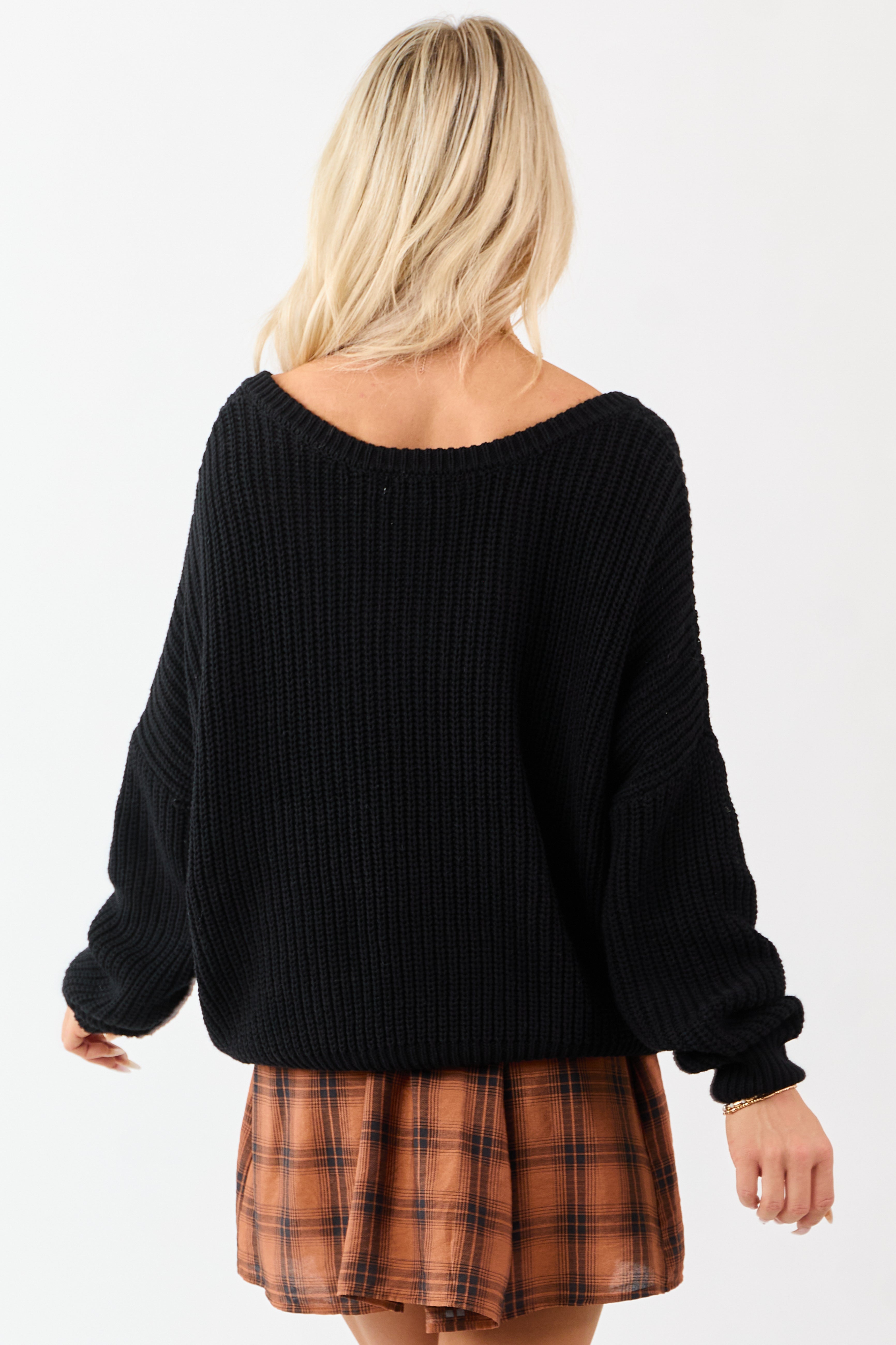 Black V-Neck Rib Knit Relaxed Sweater