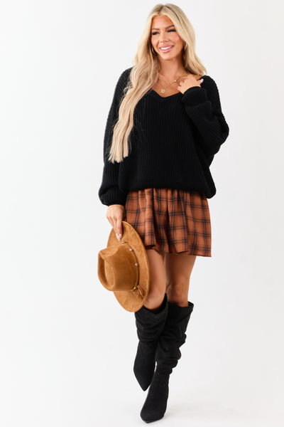 Black V-Neck Rib Knit Relaxed Sweater