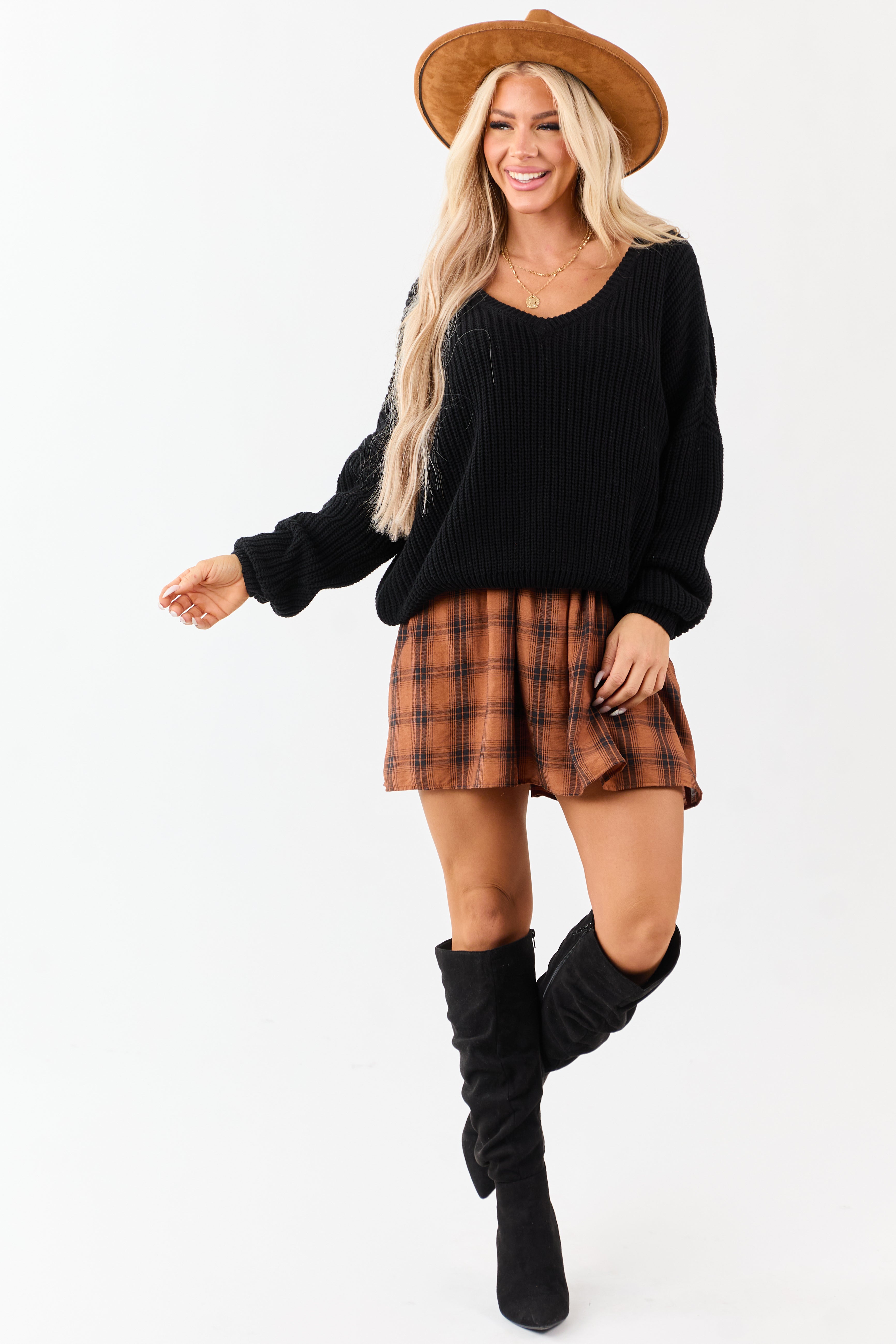 Black V-Neck Rib Knit Relaxed Sweater