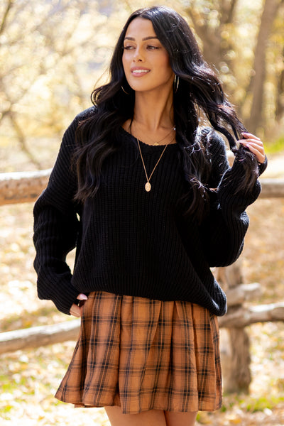 Black V-Neck Rib Knit Relaxed Sweater