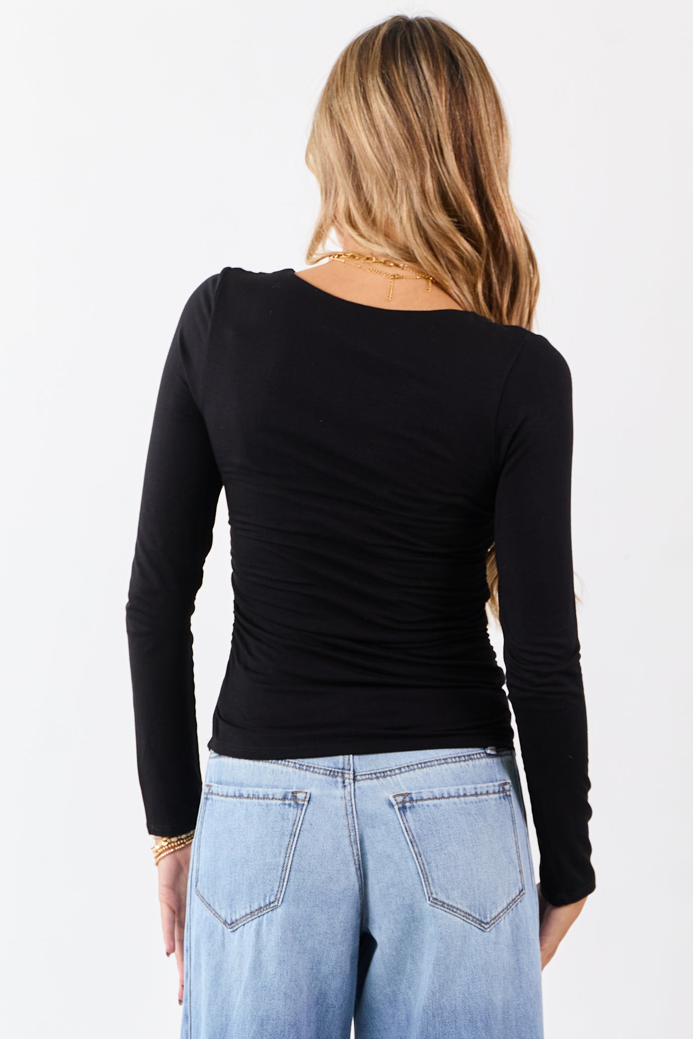 Black V-Neck Ruched Side Double Layer Fitted Top