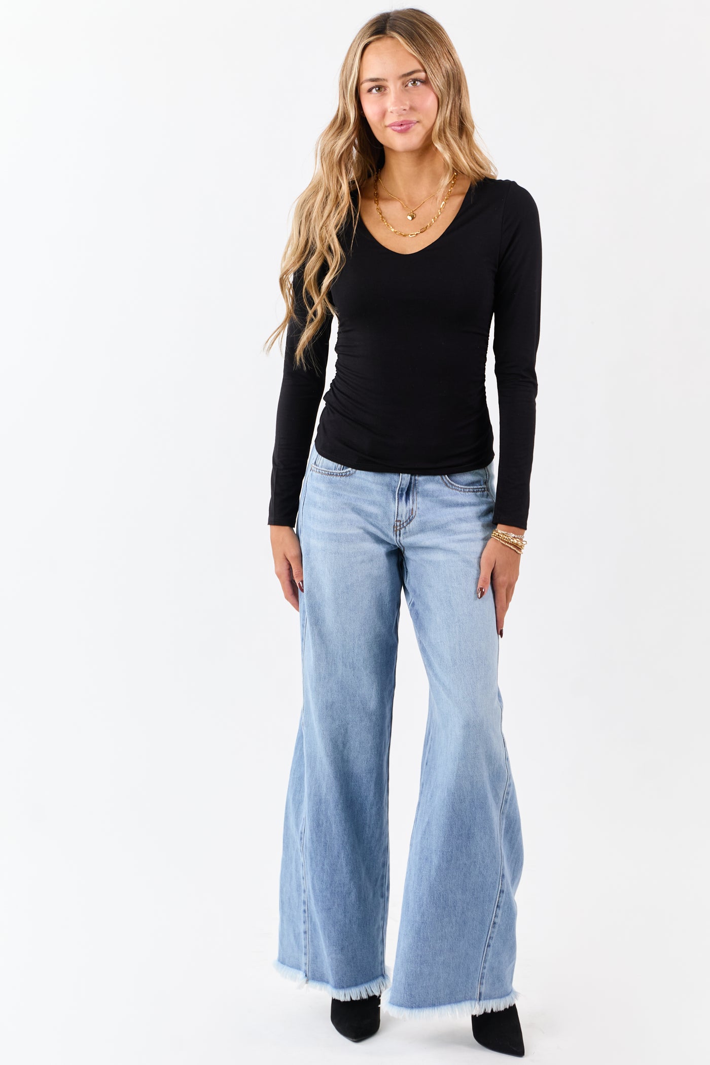 Black V-Neck Ruched Side Double Layer Fitted Top