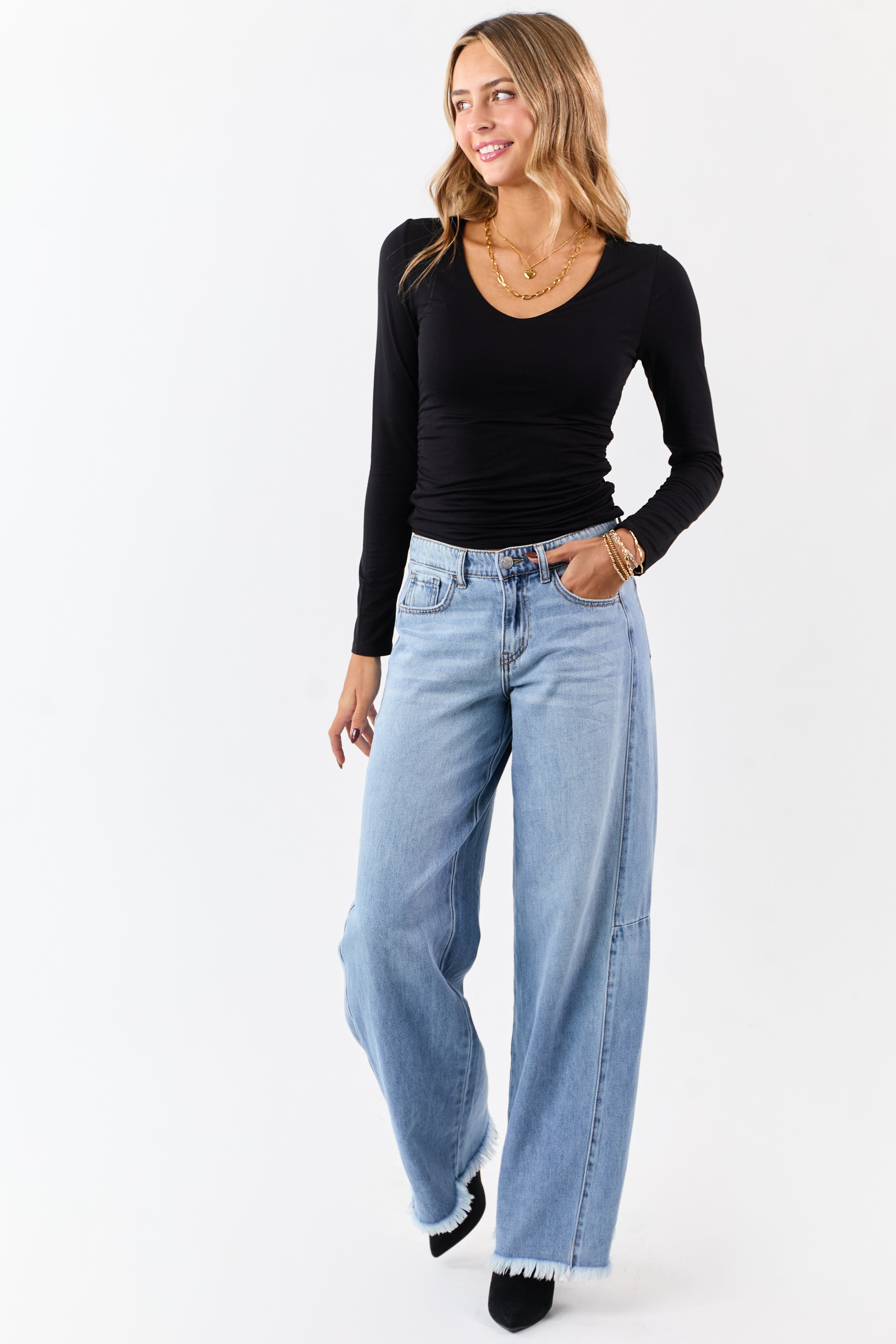 Black V-Neck Ruched Side Double Layer Fitted Top