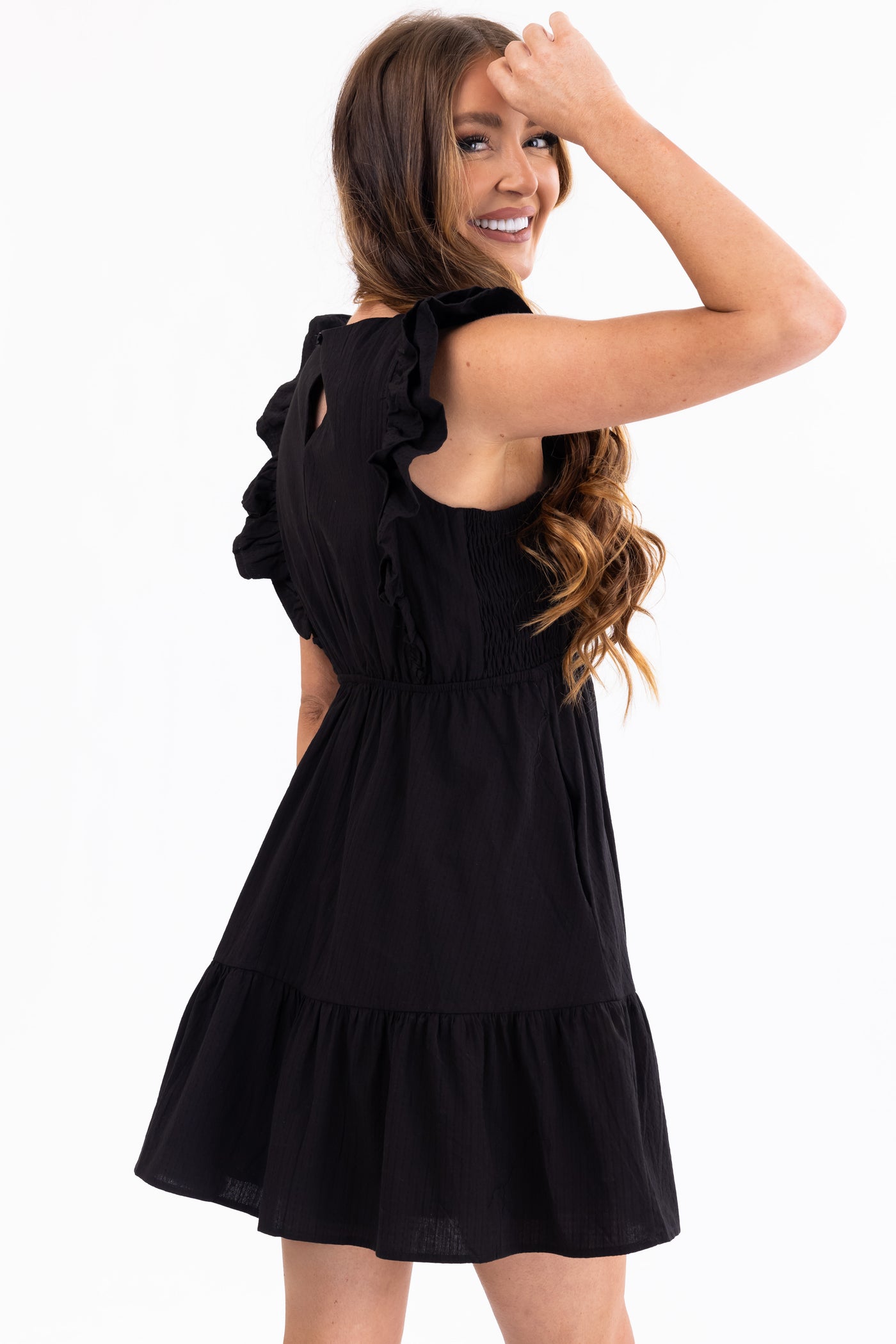 Black V Neck Ruffle Sleeve Short Dress