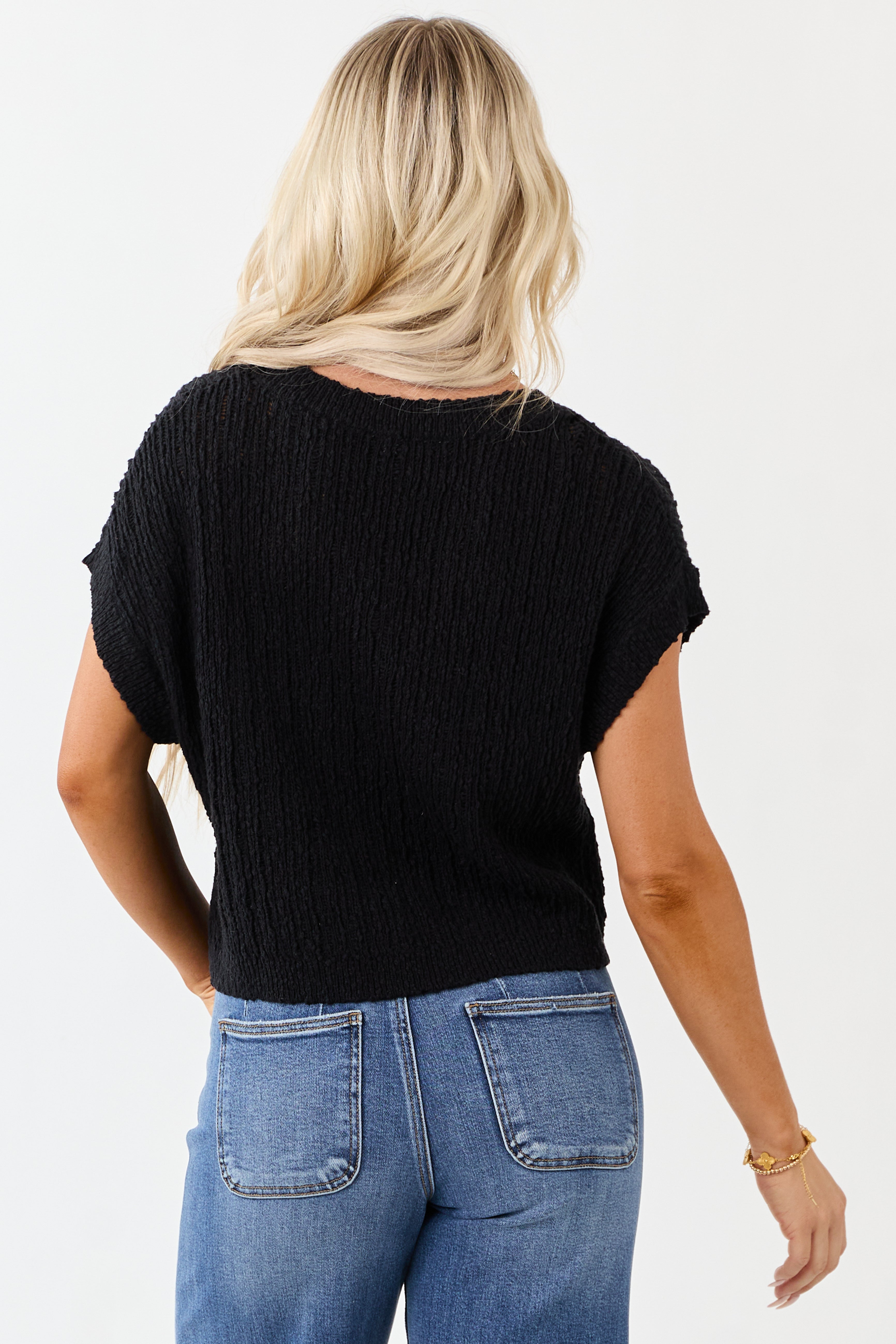 Black V Neck Short Sleeve Cotton Sweater Top