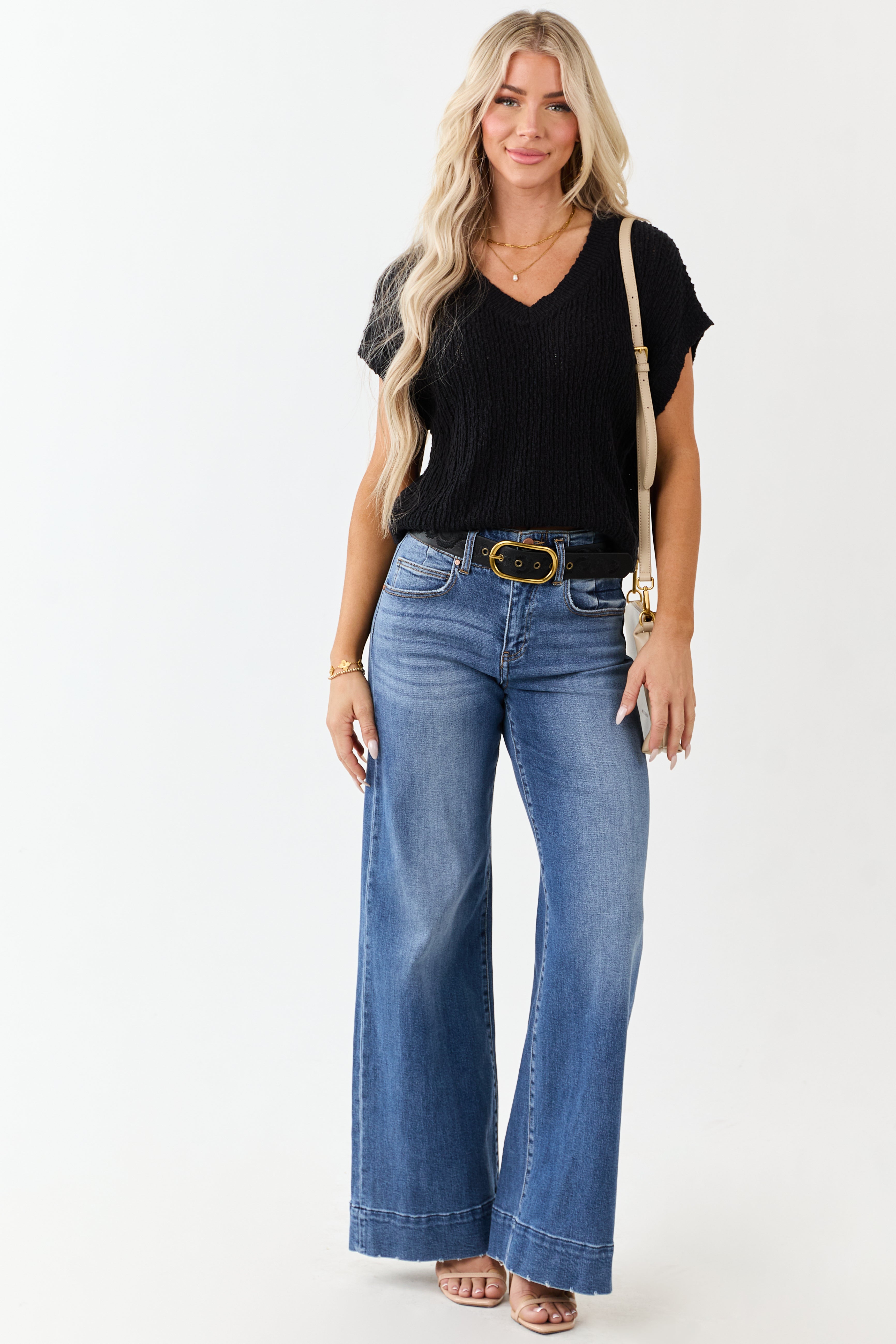 Black V Neck Short Sleeve Cotton Sweater Top
