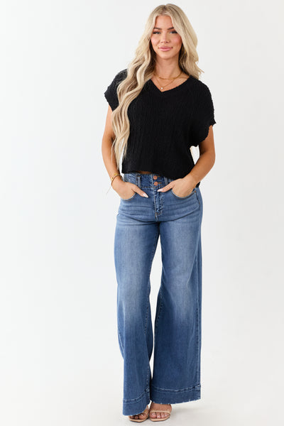 Black V Neck Short Sleeve Cotton Sweater Top